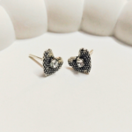 Antique Heart Stud Earrings – Vintage Silver with Crystal Accent