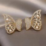 Elegant Butterfly Pearl Crystal Stud Earrings