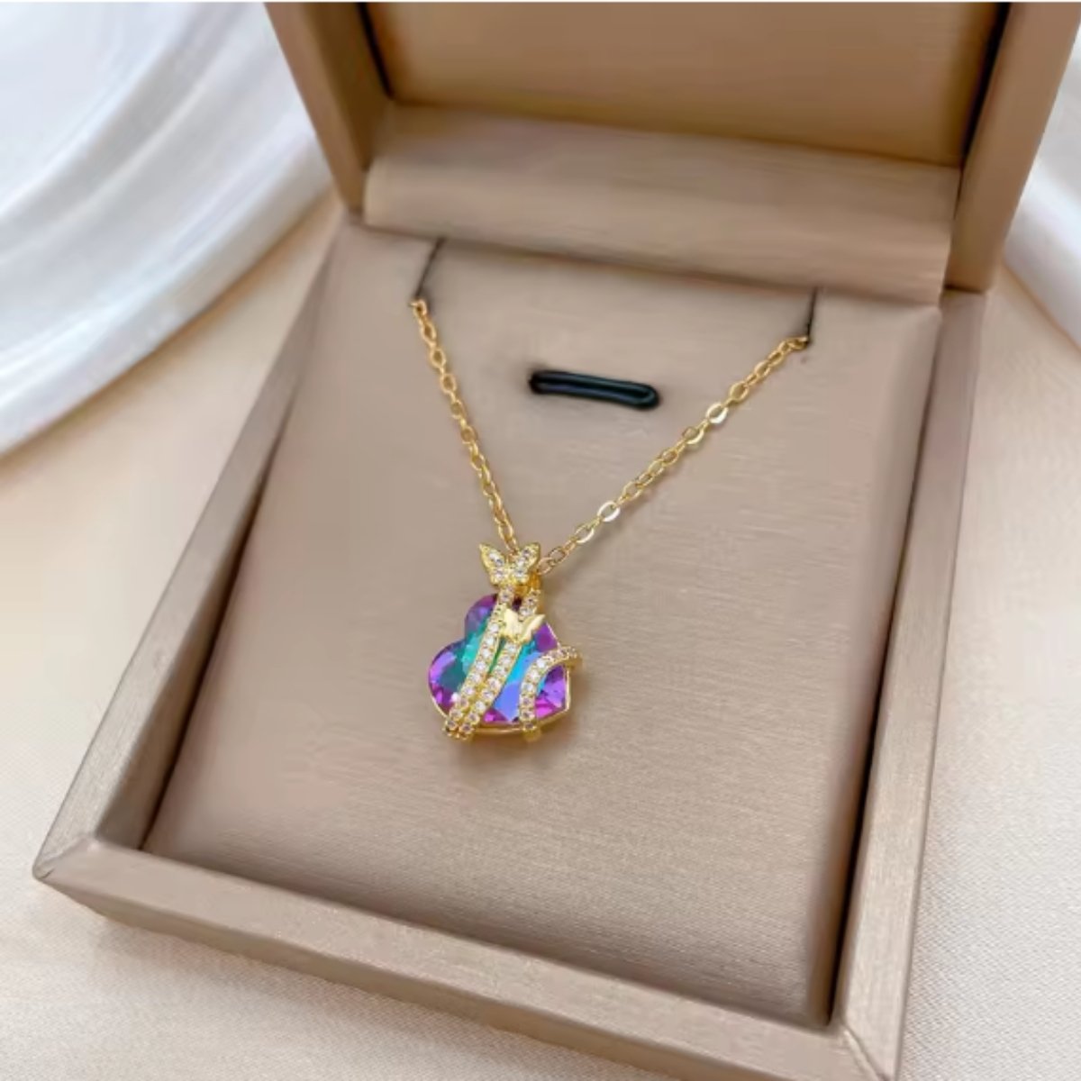 Colorful-Heart-Love-Butterfly.jpg Colorful Heart Butterfly Stainless Steel Pendant Necklace - Image 1
