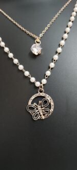 Elegant Double-Layered Pearl & Butterfly Pendant Necklace - Image 3