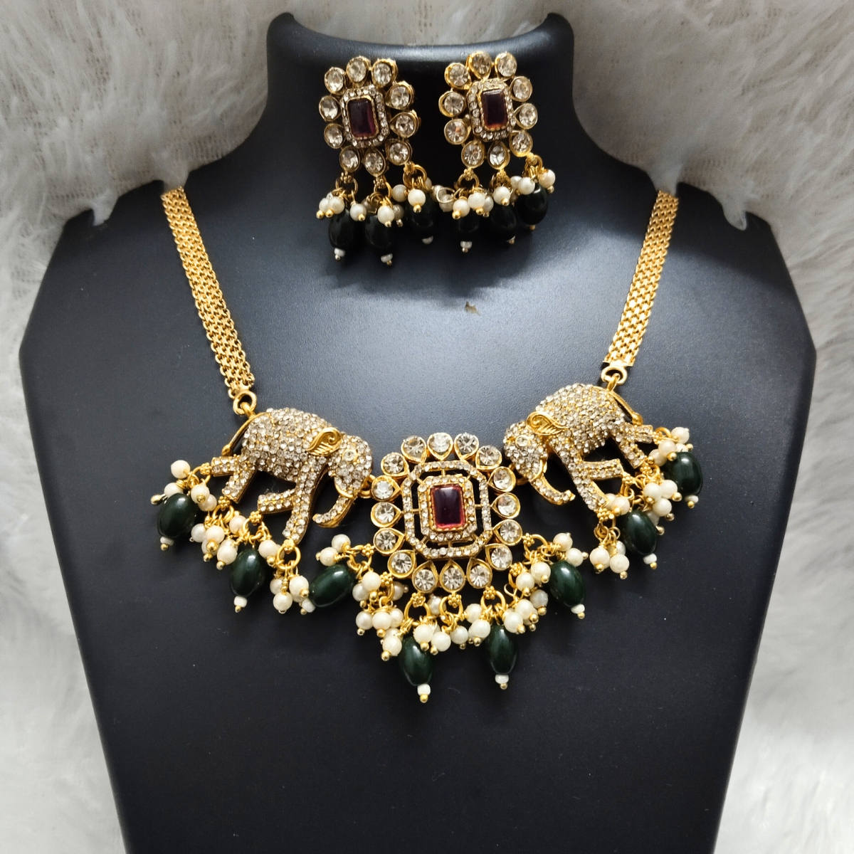 Elephant-Motif-Choker.png Royal Elephant Motif Choker Necklace Set with Earrings - Image 1