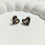 Black Heart Stud Earrings with Gold Bow