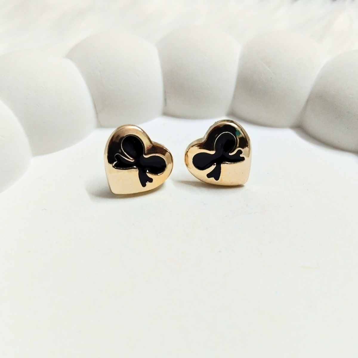 Heart2.png Gold Heart Stud Earrings with Black Bow Design – Cute & Elegant - Image 1