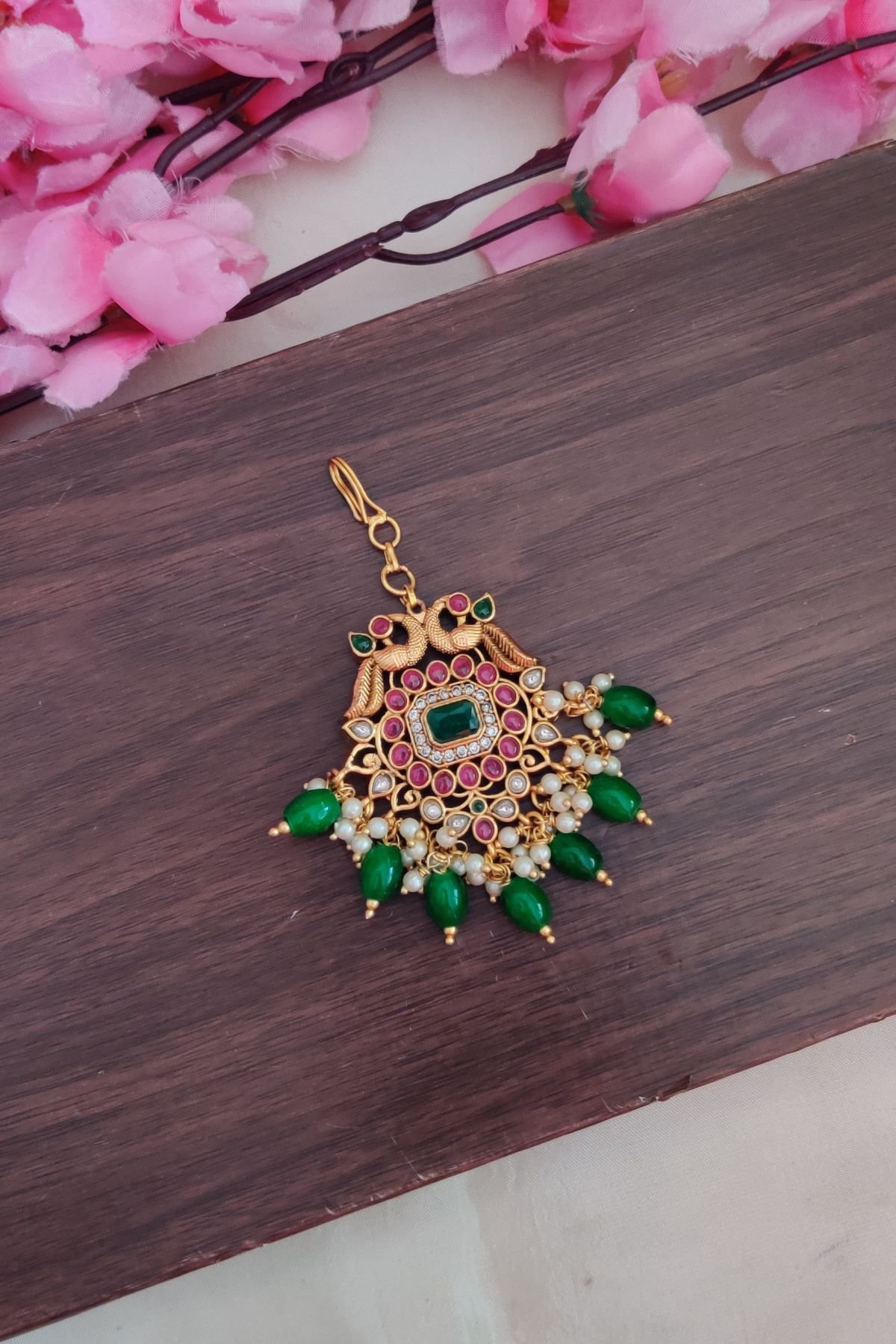IMG_20250503_164659-2.jpg Peacock Green Beads Designer Tikka - Image 1