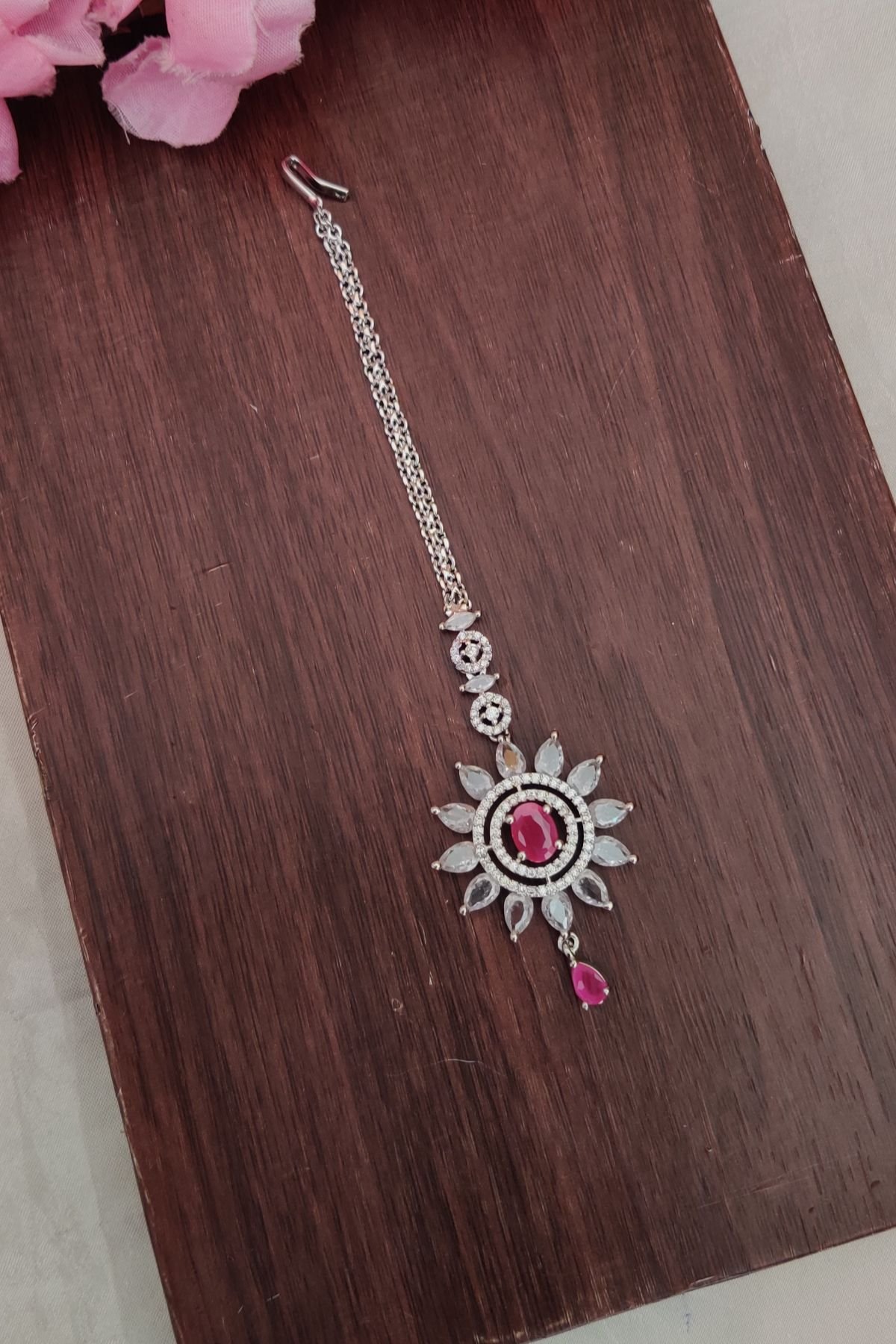 IMG_20250819_120904-1.jpg AD White and Pink Stone Flower Designer Tikka - Image 1
