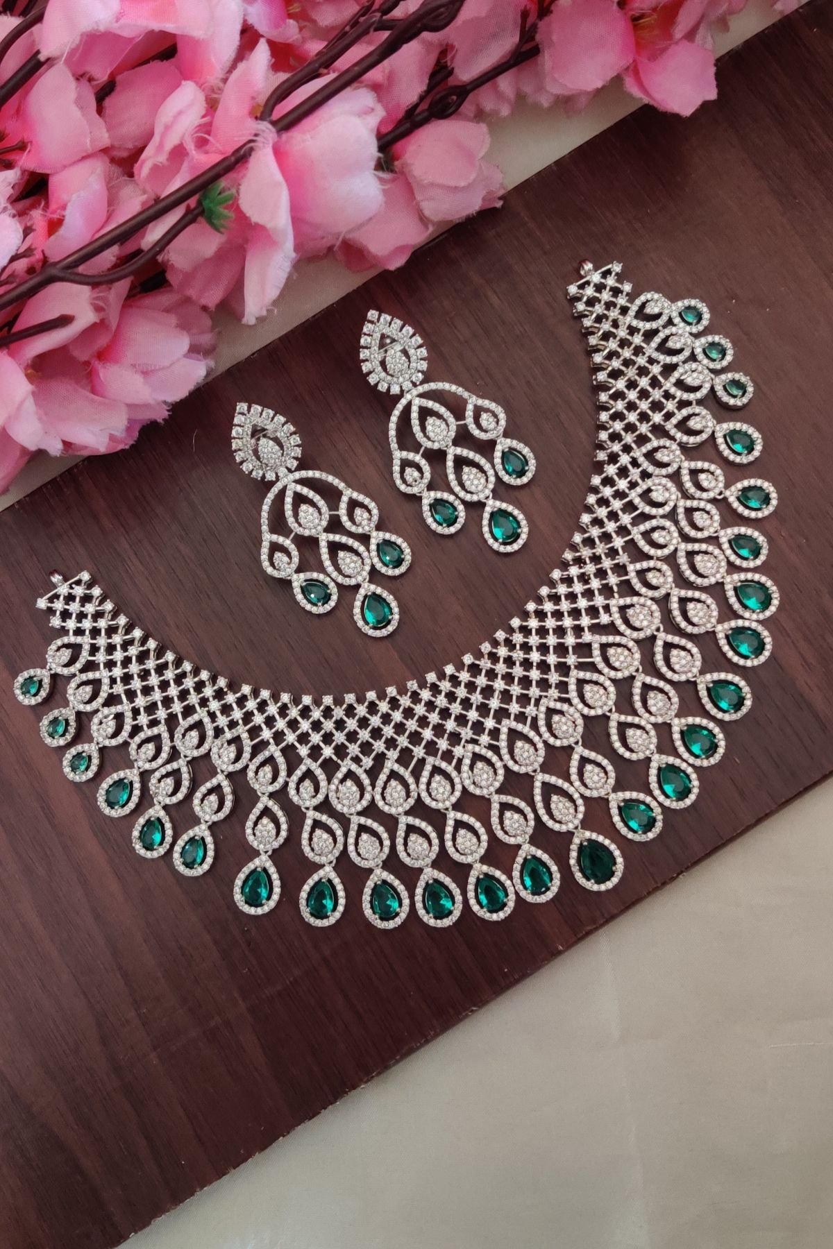 IMG_20250917_153235-1.jpg AD Peacock Green And White Designer Necklace - Image 1