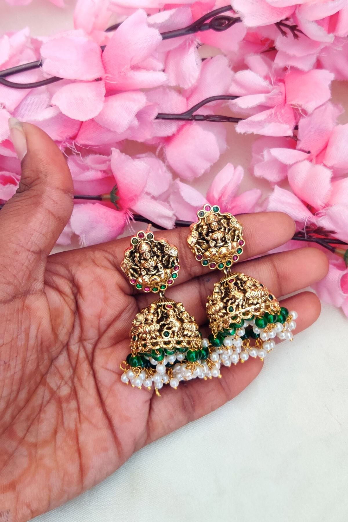 InShot_20250315_195914967-1.jpg Lakshmi Designer Green Beads Hanging Jumkki - Image 1