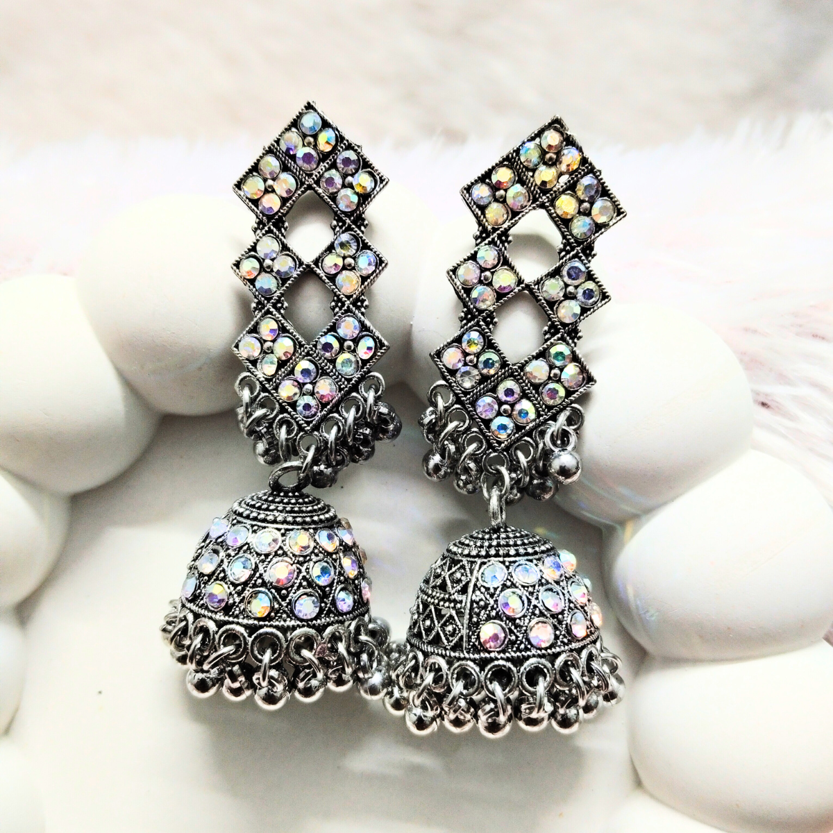 SER001.png Diamond Pattern Oxidized Jhumka Earrings - Image 1
