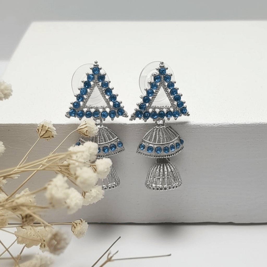 output-0-15.png Elegant Blue Crystal Triangle Jhumka Earrings - Image 1